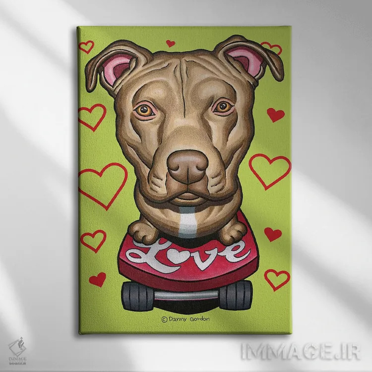 تابلو دکوراتیو پیت بول با اسکیت بورد و قلب های عاشقانه اثر دنی گوردون - نمای روبهرو روی دیوار