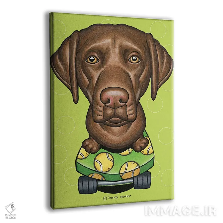 تابلو دکوراتیو لابرادور رتریور با اسکیت بورد لیمویی اثر دنی گوردون - نمای پرسپکتیو محصول