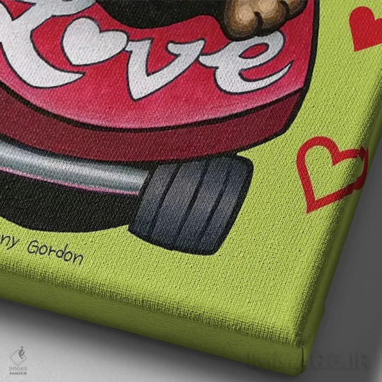 تابلو دکوراتیو پیت بول با اسکیت بورد و قلب های عاشقانه اثر دنی گوردون - نمای نزدیک بافت بوم