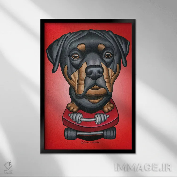 تابلو دکوراتیو روتوایلر با اسکیت بورد دمبل قرمز پرتوئی اثر دنی گوردون - نمای قابدار مشکی