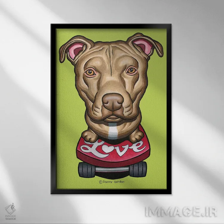 تابلو دکوراتیو پیت بول با اسکیت بورد و عشق اثر دنی گوردون - نمای قابدار مشکی