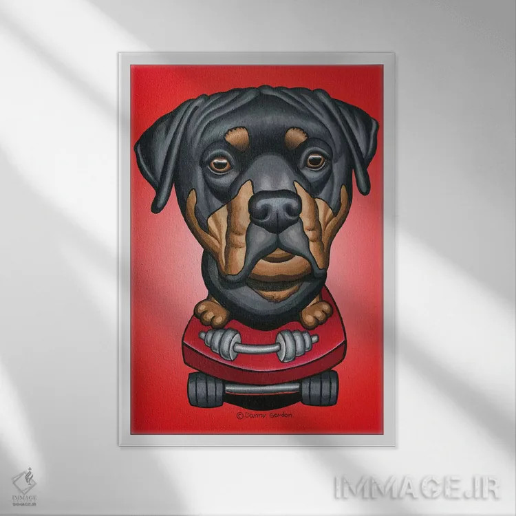 تابلو دکوراتیو روتوایلر با اسکیت بورد دمبل قرمز پرتوئی اثر دنی گوردون - نمای قابدار سفید