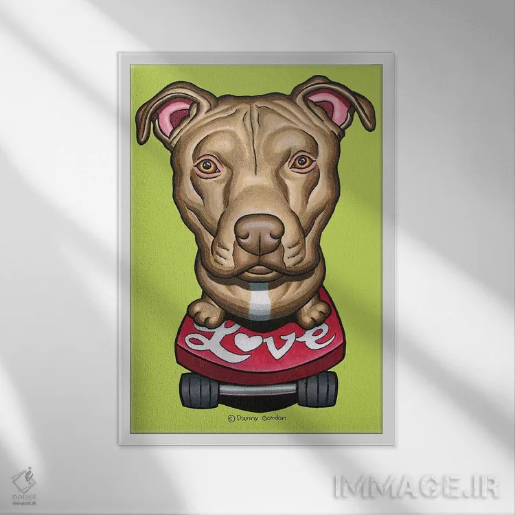تابلو دکوراتیو پیت بول با اسکیت بورد و عشق اثر دنی گوردون - نمای قابدار سفید