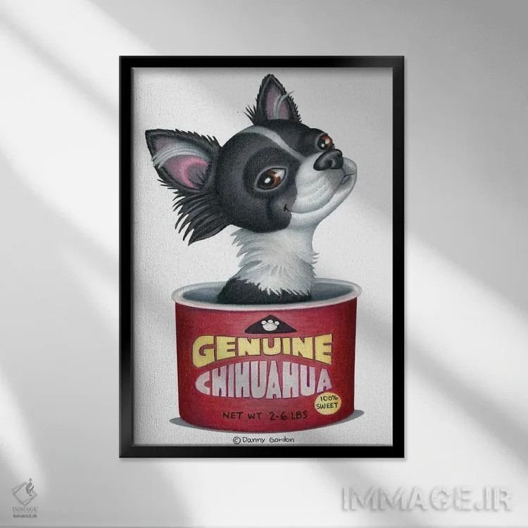 تابلو دکوراتیو چیهواوا در قوطی قرمز اثر دنی گوردون - نمای قابدار مشکی