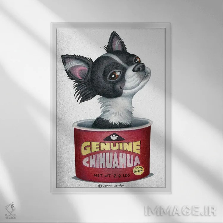 تابلو دکوراتیو چیهواوا در قوطی قرمز اثر دنی گوردون - نمای قابدار سفید