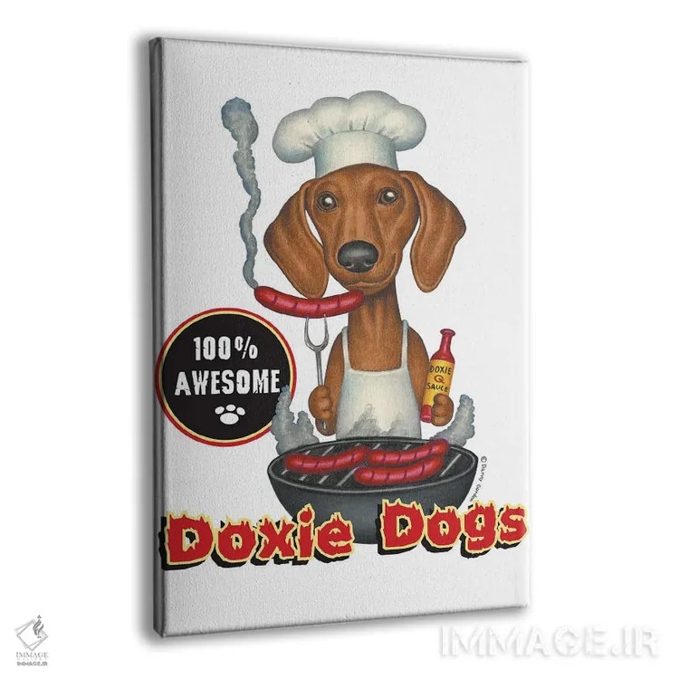 تابلو دکوراتیو داشهوند مشغول کباب کردن هات داگ اثر دنی گوردون - نمای پرسپکتیو محصول