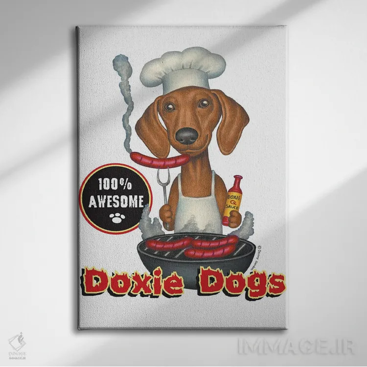 تابلو دکوراتیو داشهوند مشغول کباب کردن هات داگ اثر دنی گوردون - نمای روبهرو روی دیوار