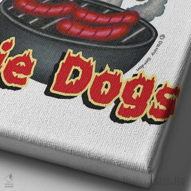 تابلو دکوراتیو داشهوند مشغول کباب کردن هات داگ اثر دنی گوردون - نمای نزدیک بافت بوم