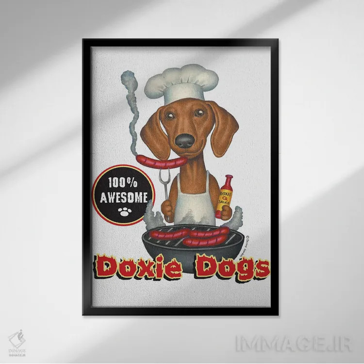 تابلو دکوراتیو داشهوند مشغول کباب کردن هات داگ اثر دنی گوردون - نمای قابدار مشکی