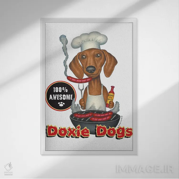 تابلو دکوراتیو داشهوند مشغول کباب کردن هات داگ اثر دنی گوردون - نمای قابدار سفید
