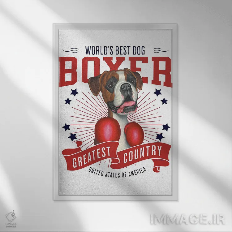 تابلو دکوراتیو سگ باکسر مشت زن آمریکا اثر دنی گوردون - نمای قابدار سفید