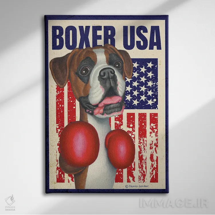 تابلو دکوراتیو سگ باکسر مشت زن با پرچم آمریکا اثر دنی گوردون - نمای روبهرو روی دیوار