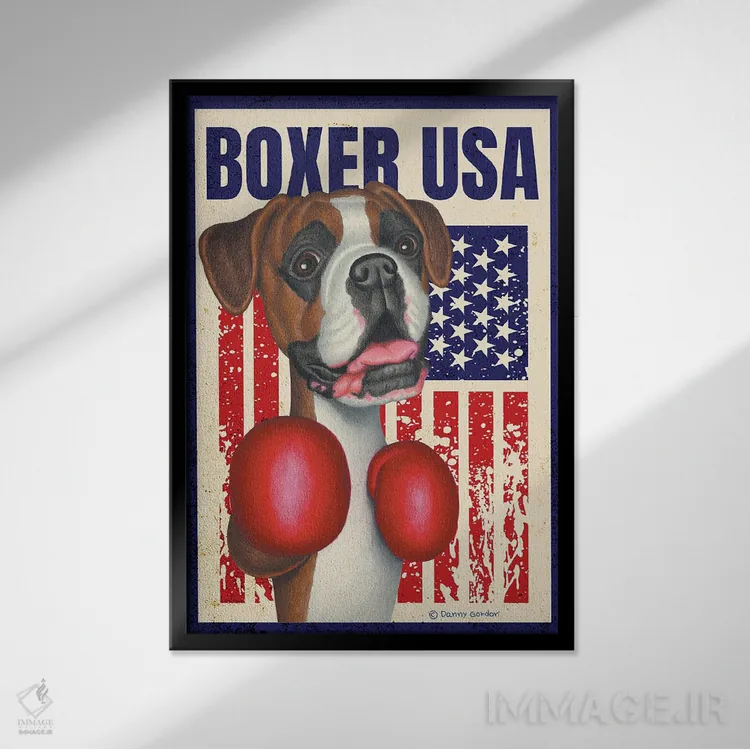 تابلو دکوراتیو سگ باکسر مشت زن با پرچم آمریکا اثر دنی گوردون - نمای قابدار مشکی
