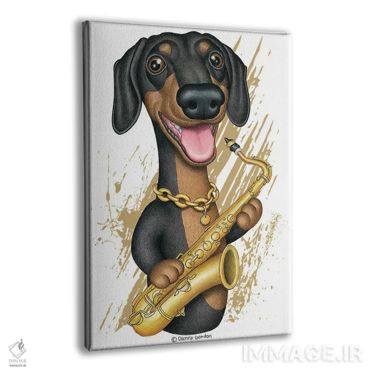 تابلو دکوراتیو سگ داشهوند نوازنده ساکسیفون اثر دنی گوردون - نمای پرسپکتیو محصول