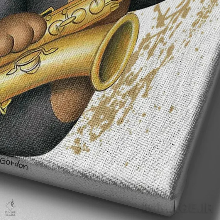 تابلو دکوراتیو سگ داشهوند نوازنده ساکسیفون اثر دنی گوردون - نمای نزدیک بافت بوم