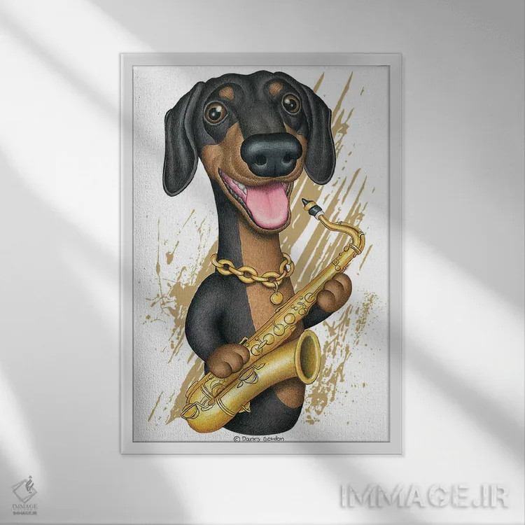تابلو دکوراتیو سگ داشهوند نوازنده ساکسیفون اثر دنی گوردون - نمای قابدار سفید