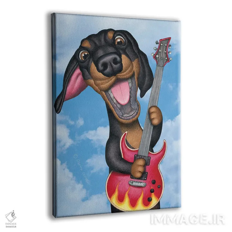 تابلو دکوراتیو داشهوند مشکی نوازنده گیتار با پس زمینه آسمان اثر دنی گوردون - نمای پرسپکتیو محصول