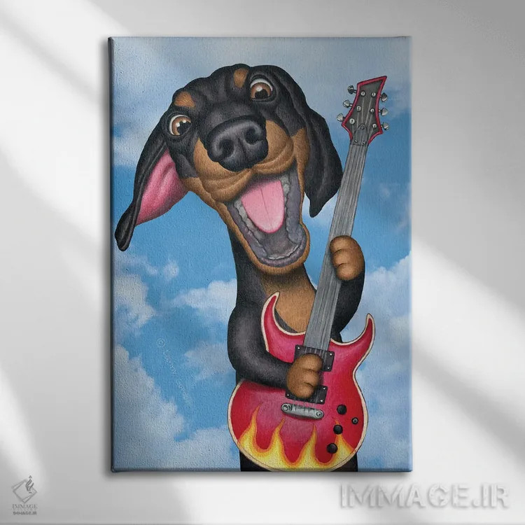تابلو دکوراتیو داشهوند مشکی نوازنده گیتار با پس زمینه آسمان اثر دنی گوردون - نمای روبهرو روی دیوار