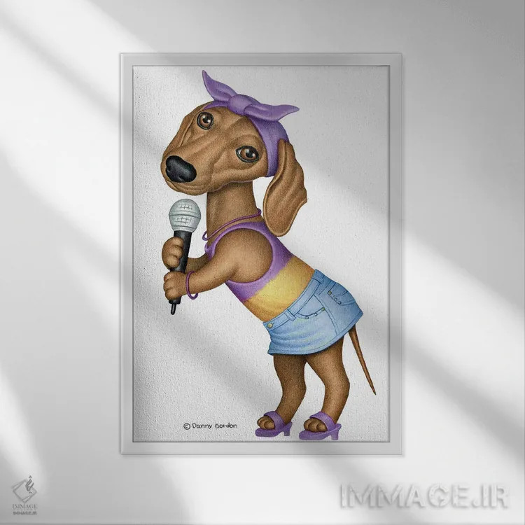 تابلو دکوراتیو داشهوند خواننده اثر دنی گوردون - نمای قابدار سفید