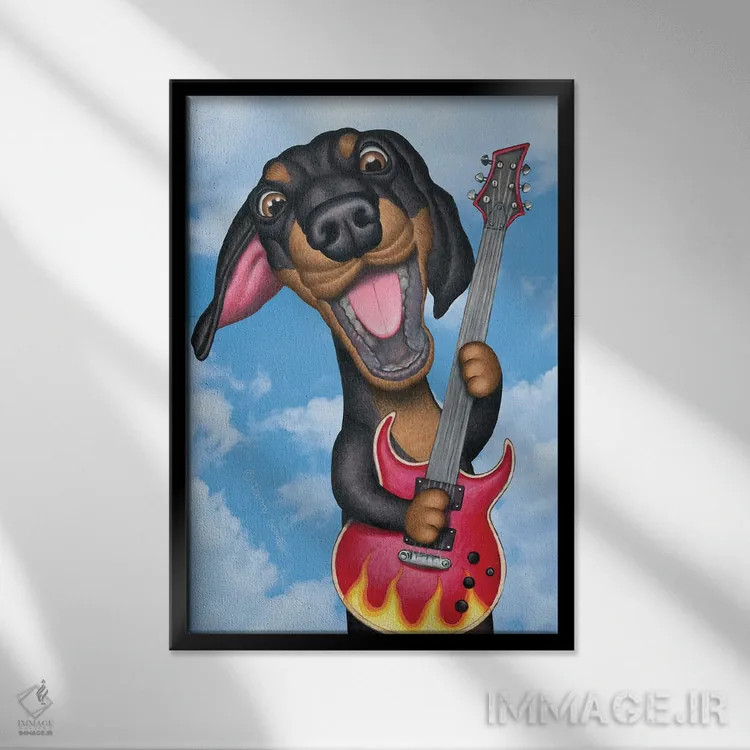 تابلو دکوراتیو داشهوند مشکی نوازنده گیتار با پس زمینه آسمان اثر دنی گوردون - نمای قابدار مشکی