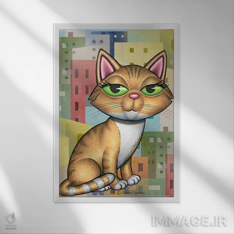 تابلو دکوراتیو گربه نارنژی تبی با منظره شهری اثر دنی گوردون - نمای قابدار سفید