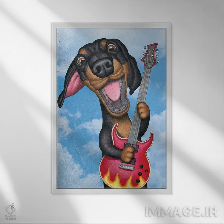 تابلو دکوراتیو داشهوند مشکی نوازنده گیتار با پس زمینه آسمان اثر دنی گوردون - نمای قابدار سفید