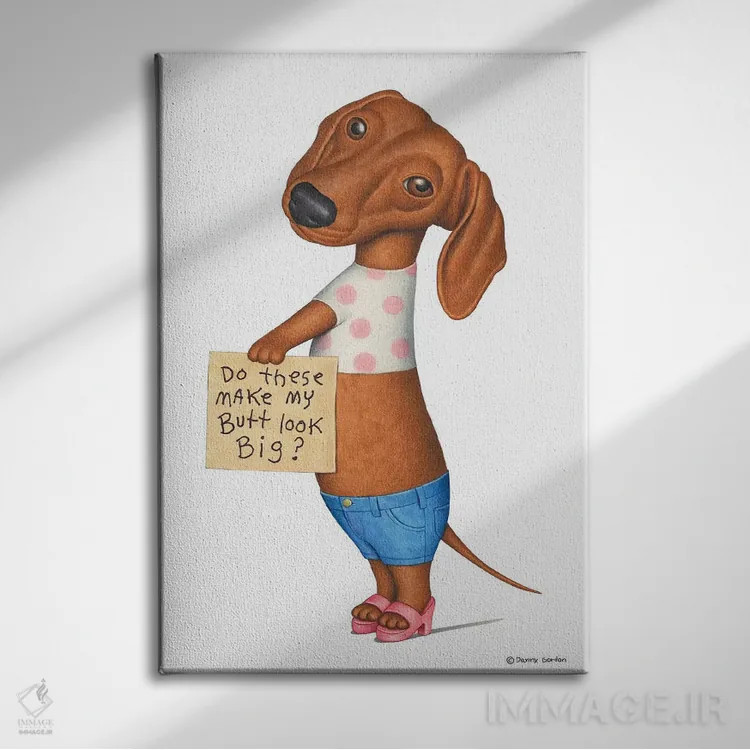 تابلو دکوراتیو داشهوند با شلوارک جین اثر دنی گوردون - نمای روبهرو روی دیوار