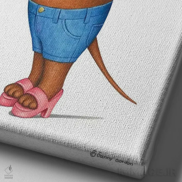 تابلو دکوراتیو داشهوند با شلوارک جین اثر دنی گوردون - نمای نزدیک بافت بوم