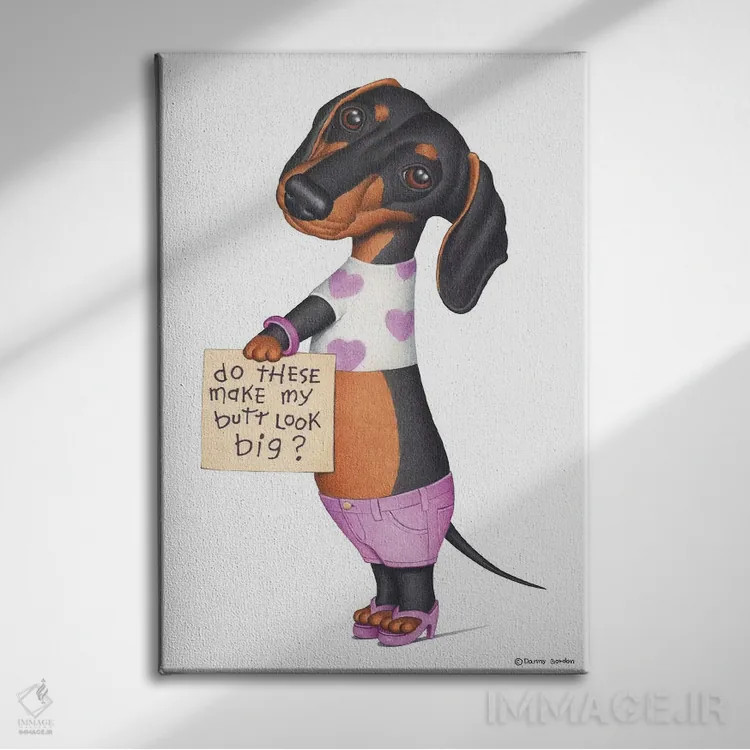 تابلو دکوراتیو داشهوند با شلوارک صورتی اثر دنی گوردون - نمای روبهرو روی دیوار