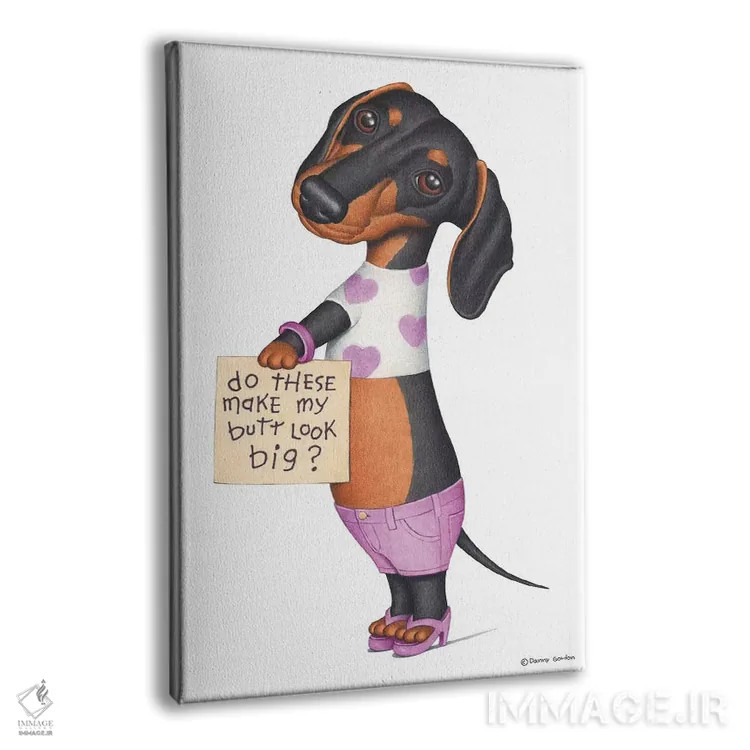 تابلو دکوراتیو داشهوند با شلوارک صورتی اثر دنی گوردون - نمای پرسپکتیو محصول