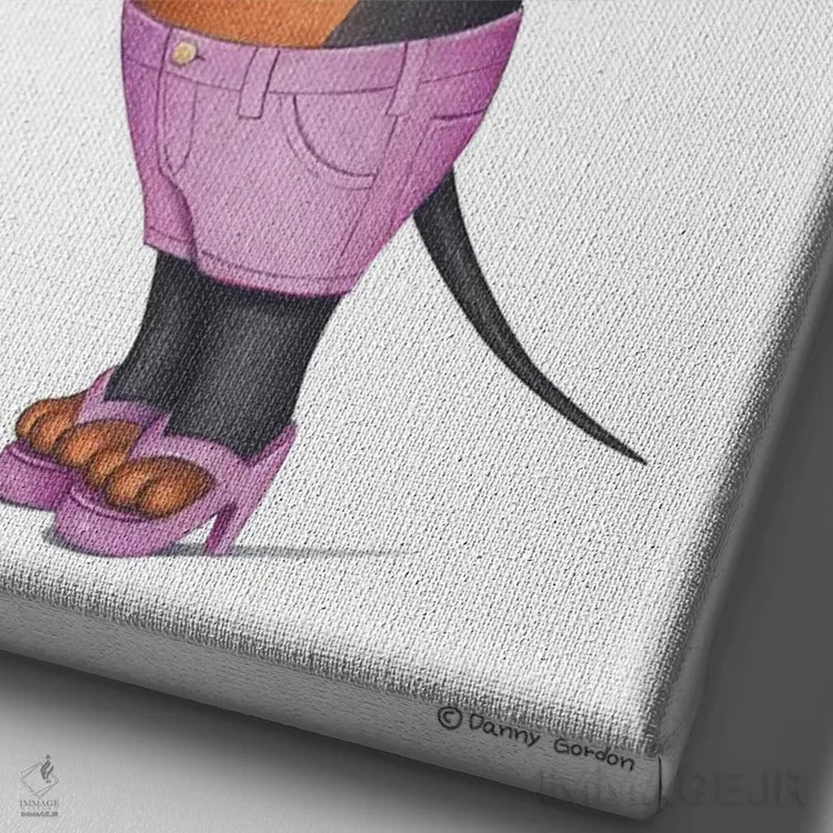 تابلو دکوراتیو داشهوند با شلوارک صورتی اثر دنی گوردون - نمای نزدیک بافت بوم