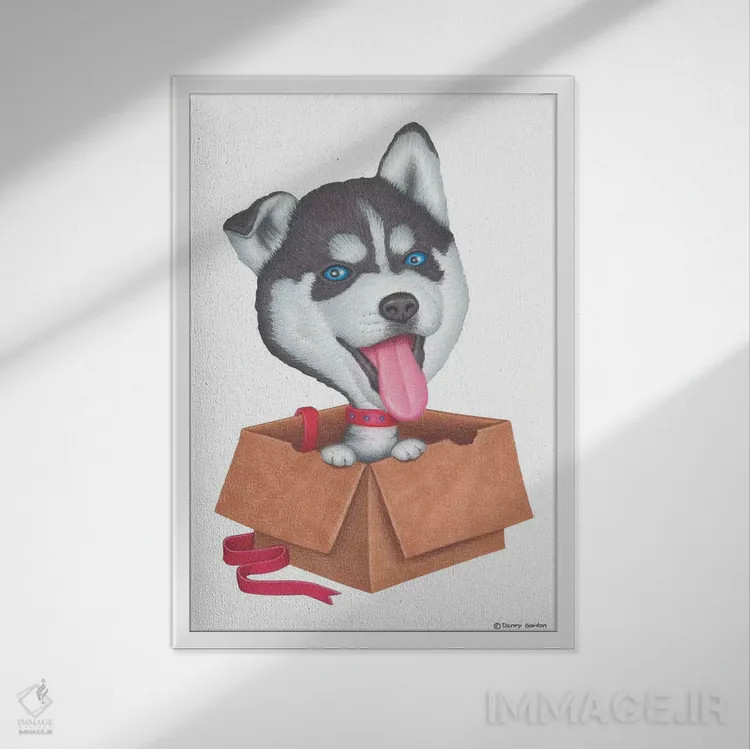 تابلو دکوراتیو هاسکی سیبری اثر دنی گوردون - نمای قابدار سفید