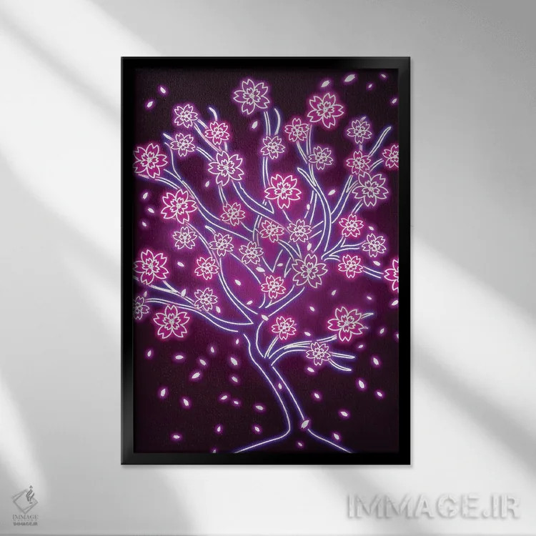 تابلو دکوراتیو ساکورای نئونی اثر دانی آرت - نمای قابدار مشکی
