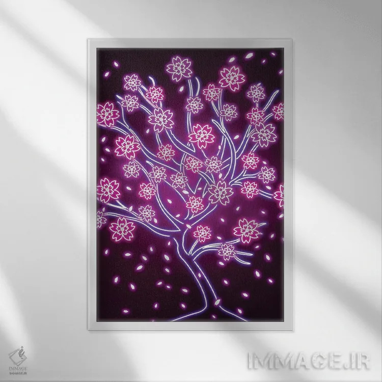 تابلو دکوراتیو ساکورای نئونی اثر دانی آرت - نمای قابدار سفید