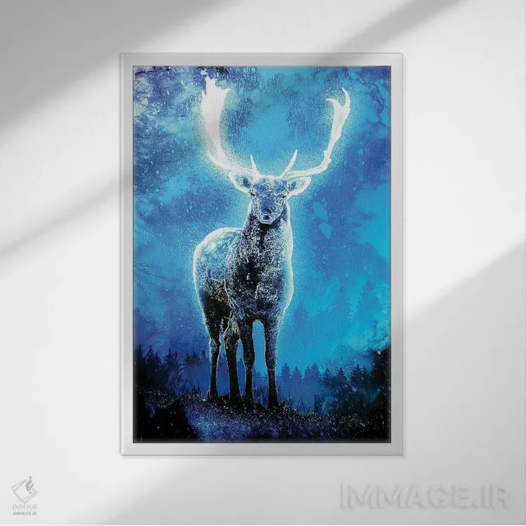 تابلو دکوراتیو روح گوزن نورانی اثر دانی آرت - نمای قابدار سفید