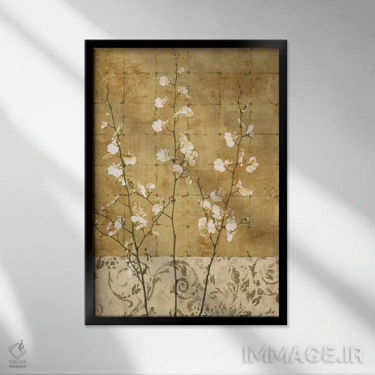 تابلو دکوراتیو شکوفه های طلایی II اثر کریس دونوان - نمای قابدار مشکی