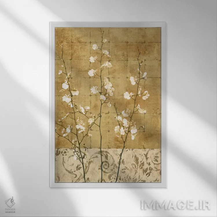 تابلو دکوراتیو شکوفه های طلایی II اثر کریس دونوان - نمای قابدار سفید