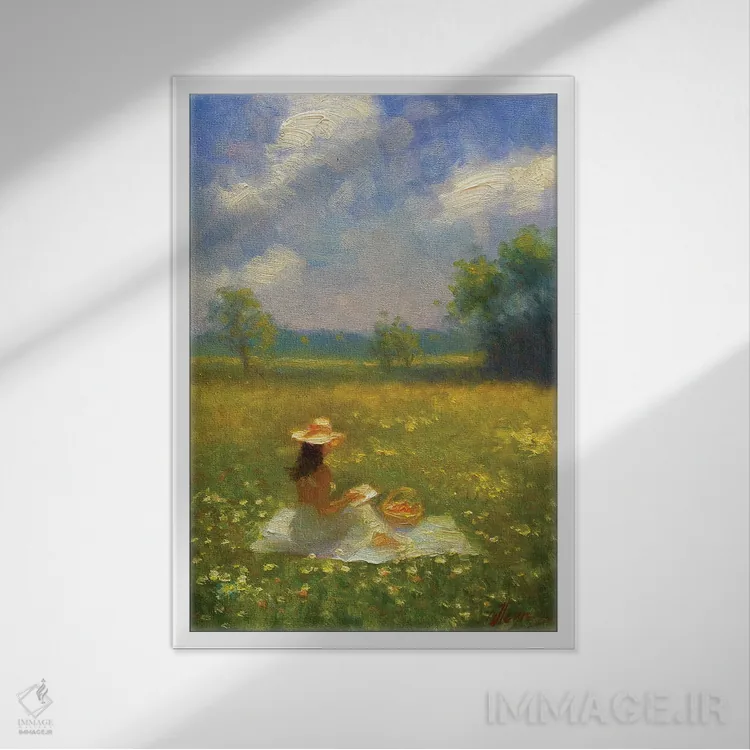 تابلو دکوراتیو دخترک در چمنزار تابستانی اثر دمیتری اولین - نمای قابدار سفید