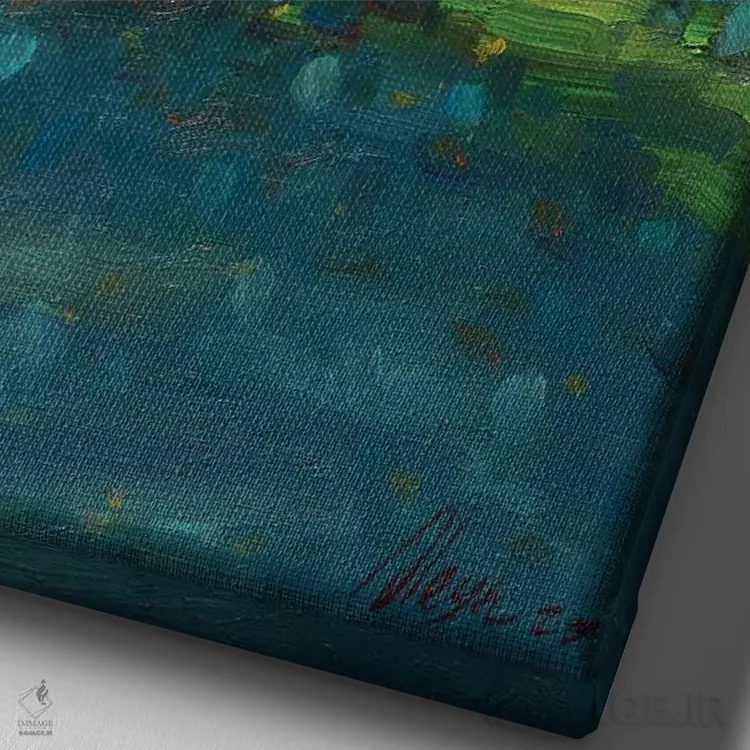 تابلو دکوراتیو نیلوفرهای آبی اثر دمیتری اولین - نمای نزدیک بافت بوم