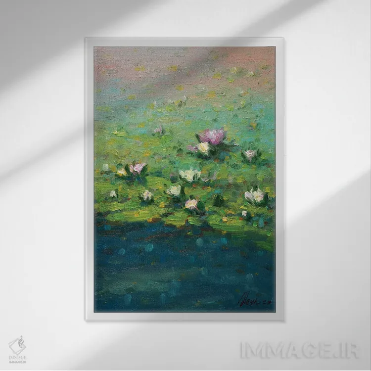 تابلو دکوراتیو نیلوفرهای آبی اثر دمیتری اولین - نمای قابدار سفید