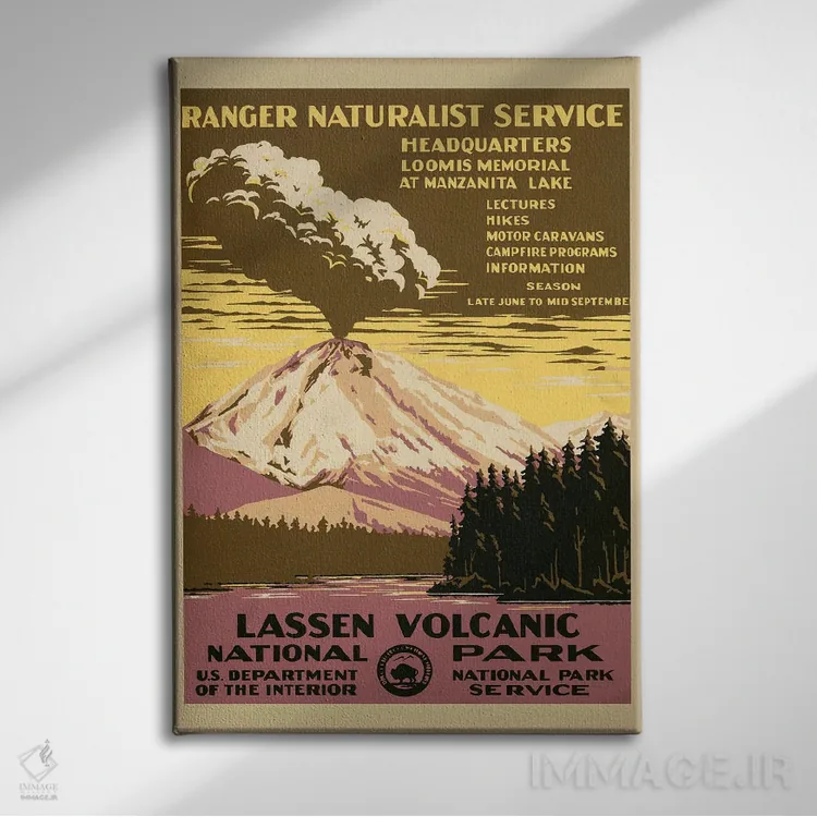 تابلو دکوراتیو پارک ملی آتشفشانی لسن، حدود ۱۹۳۸ اثر C. دان پاول - نمای روبهرو روی دیوار