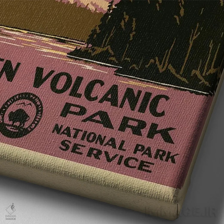 تابلو دکوراتیو پارک ملی آتشفشانی لسن، حدود ۱۹۳۸ اثر C. دان پاول - نمای نزدیک بافت بوم