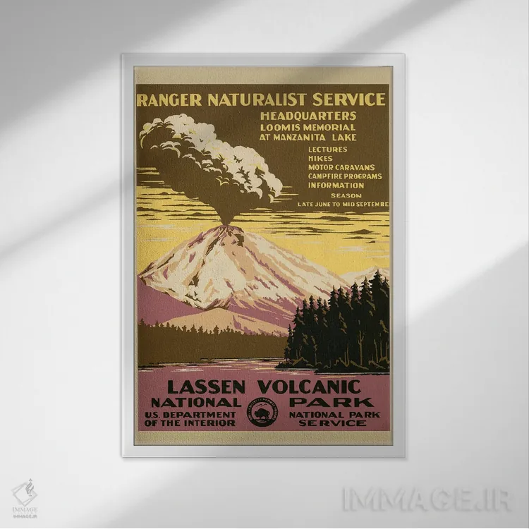 تابلو دکوراتیو پارک ملی آتشفشانی لسن، حدود ۱۹۳۸ اثر C. دان پاول - نمای قابدار سفید