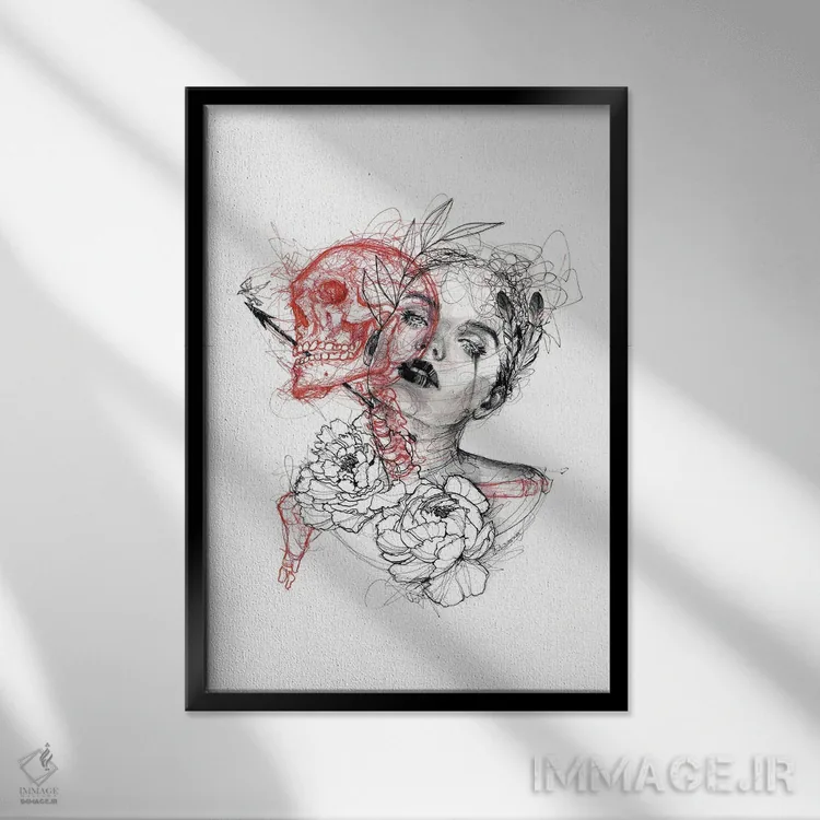 تابلو دکوراتیو جمجمه و استخوان ها اثر دوریانا پوپا - نمای قابدار مشکی