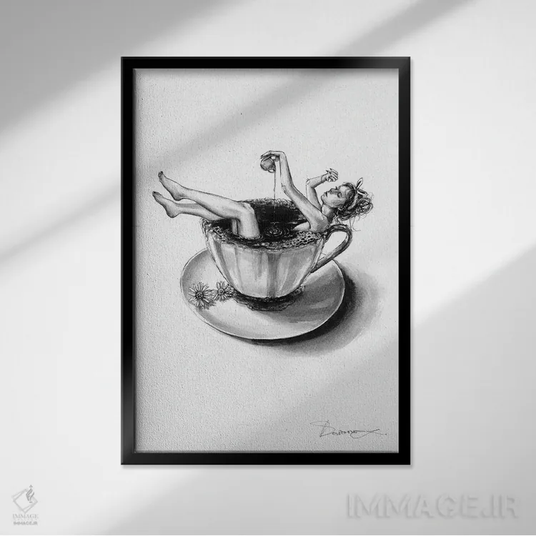 تابلو دکوراتیو عاشق قهوه اثر دوریانا پوپا - نمای قابدار مشکی