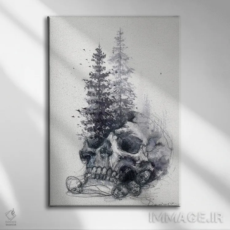 تابلو دکوراتیو جمجمه و درختان اثر دوریانا پوپا - نمای روبهرو روی دیوار