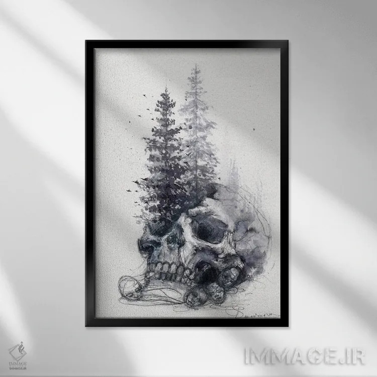 تابلو دکوراتیو جمجمه و درختان اثر دوریانا پوپا - نمای قابدار مشکی