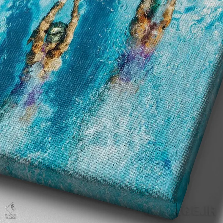 تابلو دکوراتیو دو زن که از بالا در استخر شنا می کنند اثر کاراستاک - نمای نزدیک بافت بوم