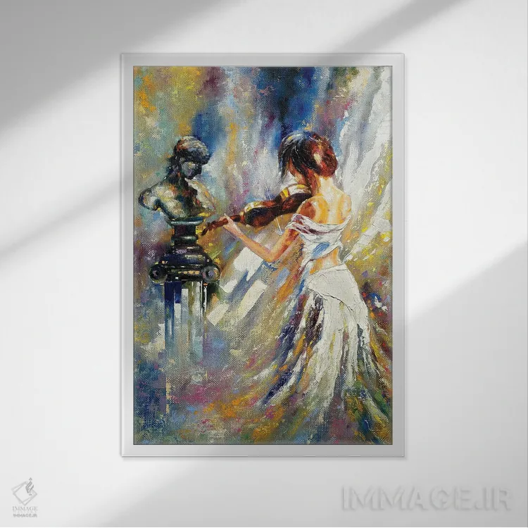 تابلو دکوراتیو نواختن ویولن مقابل تندیس اثر بالایکین - نمای قابدار سفید