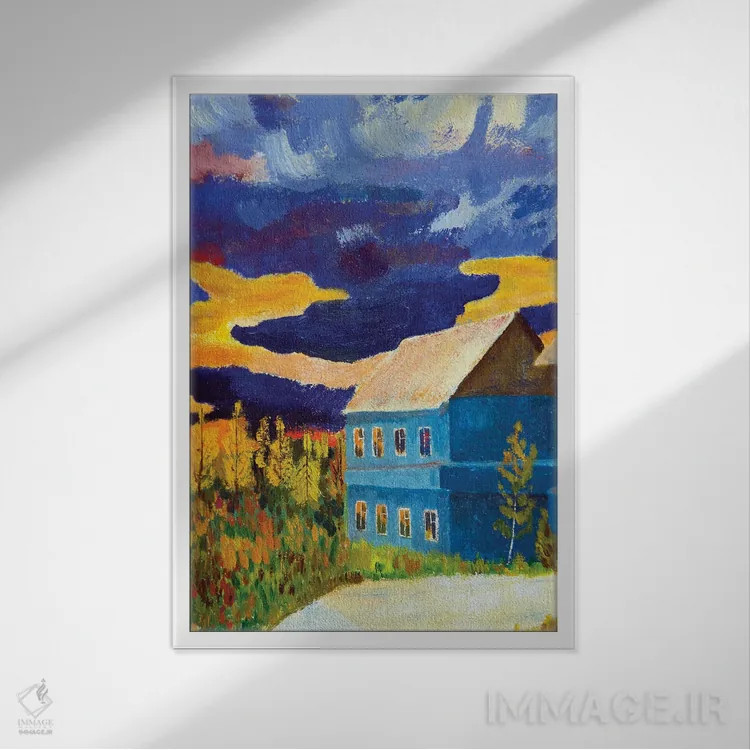 تابلو دکوراتیو منظره پاییزی با خانه ای زیر آسمان طوفانی هنگام غروب اثر خارهن - نمای قابدار سفید